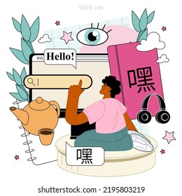 Chinese language learning online service or platform. Language school chinese listening, reading and speaking course. Website. Flat vector illustration