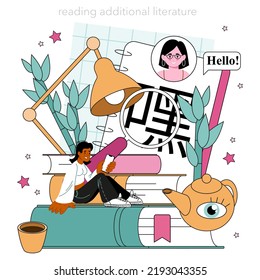 Chinese language learning. Language school chinese listening, reading and speaking course. Foreign languages studying. Idea of global communication. Flat vector illustration