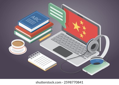 Chinese language lessons. Online language courses concept. Internet class, e learning, distance education, remote school, university. 3d flat isometric vector illustration.