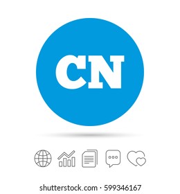 Chinese language sign icon. CN China translation symbol. Copy files, chat speech bubble and chart web icons. Vector