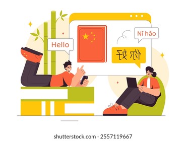 Chinese Language Vector Illustration. Ni hao Translation for Hello, Featuring a School Listening, Reading, and Speaking Course in a Communication