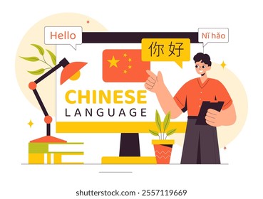 Chinese Language Vector Illustration. Ni hao Translation for Hello, Featuring a School Listening, Reading, and Speaking Course in a Communication