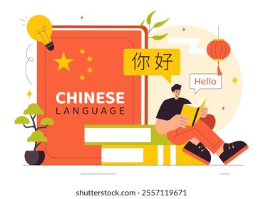 Chinese Language Vector Illustration. Ni hao Translation for Hello, Featuring a School Listening, Reading, and Speaking Course in a Communication