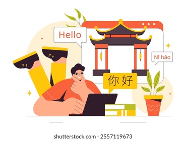 Chinese Language Vector Illustration. Ni hao Translation for Hello, Featuring a School Listening, Reading, and Speaking Course in a Communication