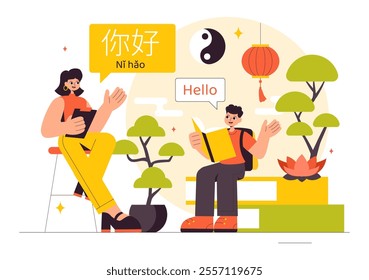 Chinese Language Vector Illustration. Ni hao Translation for Hello, Featuring a School Listening, Reading, and Speaking Course in a Communication