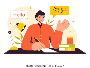 Chinese Language Vector Illustration. Ni hao Translation for Hello, Featuring a School Listening, Reading, and Speaking Course in a Communication