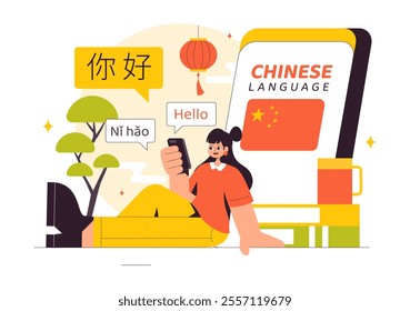 Chinese Language Vector Illustration. Ni hao Translation for Hello, Featuring a School Listening, Reading, and Speaking Course in a Communication