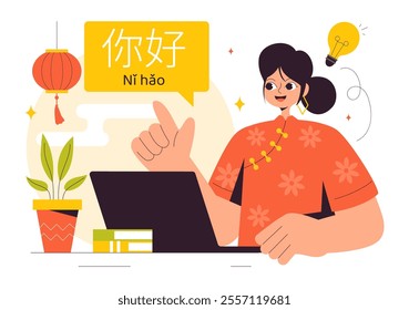 Chinese Language Vector Illustration. Ni hao Translation for Hello, Featuring a School Listening, Reading, and Speaking Course in a Communication