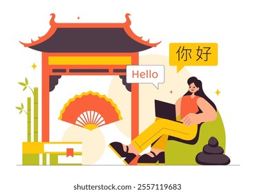 Chinese Language Vector Illustration. Ni hao Translation for Hello, Featuring a School Listening, Reading, and Speaking Course in a Communication