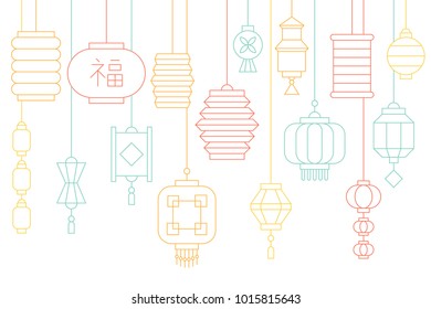 Chinese lantern banner for lunar new year and mid autumn festival, thin line illustration