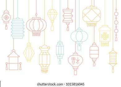 Chinese lantern banner for lunar new year and mid autumn festival, thin line illustration