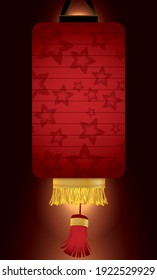 Chinese lantern with cylindrical shape and decorated with floral pattern, illuminating the dark night.