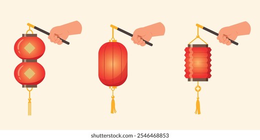 Chinese lantern decoration set, Hands holding Chinese lantern style. Festive China ornament.