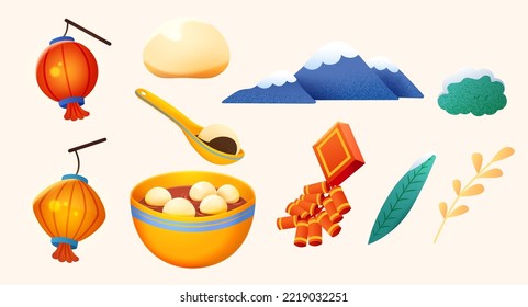 Chinese Lantern Festival elements. Illustrations of lanterns with handles, a bowl of yuanxiao soup, a spoon, firecrackers, snow covered mountains and bush, and leaves isolated on yellow background.