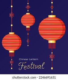 Chinese Lantern Festival lanterns, greeting card, hanging paper lanterns, glowing traditional lamps, group of objects, asian culture elements.