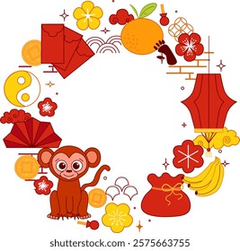 Chinese lantern festival new year 2028 monkey circle round frame. Vector graphic line illustration template