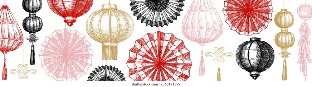 Chinese lantern and folding fan sketch. Lunar New Year decoration. China style website banner. NOT AI generated image