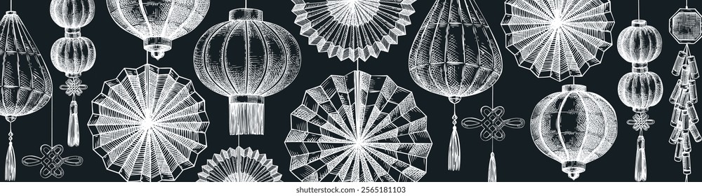 Chinese lantern and folding fan sketch. Lunar New Year decoration on chalkboard. China style website banner vector template. NOT AI generated image