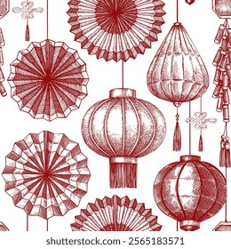 Chinese lantern and folding fan sketch. Lunar New Year background. China seamless pattern. NOT AI generated image