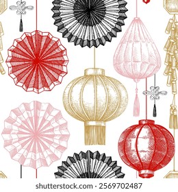 Chinese lantern and folding fan sketch. Lunar New Year background. China seamless pattern. NOT AI generated image