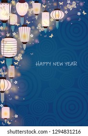 Chinese lantern and gold butterfly on blue circle of water texture background vector for decoration on Chinese new year festival ,Lantern festival and autumn festival.