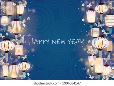 Chinese lantern and gold butterfly on blue circle of water texture background vector for decoration on Chinese new year festival ,Lantern festival and autumn festival.