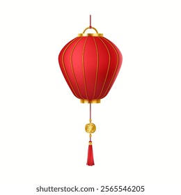 Chinese lantern with golden decorative details realistic vector illustration. Asian paper lamp to wish good luck on holiday 3d object on white