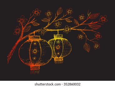 Chinese Lantern hang on tree
