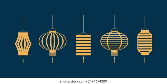 Chinese lantern hanging design elements collection, isolated clip art. Hand drawn line art vector illustration. Mid Autumn Festival, Lunar New Year traditional holiday set