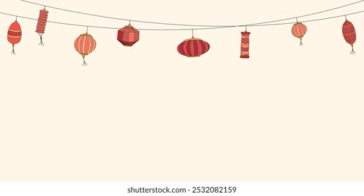 La linterna china que cuelga el estilo infantil dibujado a mano sobre fondo Horizontal tiene espacio en blanco. Plantilla de tarjeta de felicitación del año Nuevo chino.