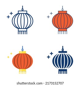 Icono de linterna china fijado en estilo plano y de línea. Símbolo tradicional de lámpara redonda. Ilustración vectorial.