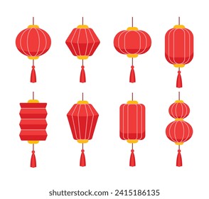 Chinese lantern icon set, Chinese new year design elements in minimal modern geometric style. Vector illustration on isolated white background. Paper lamp for ads, web banner, promotion decoration.