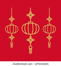 Chinese Lantern icons. Line vector. Isolate on red background.