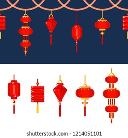 Iconos de farolillos chinos montados. Borde horizontal sin fisuras con luces rojas en el fondo nocturno. Decoración tradicional de fiestas y festivales en China.