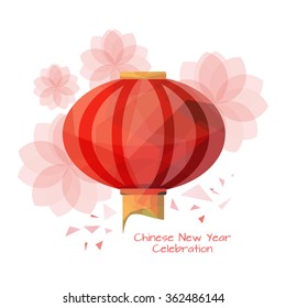 Chinese lantern in low poly style with lotus flowers. Chinese New Year vector illustration in modern geometric design style. 