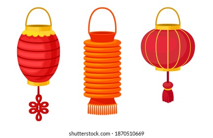 Chinese Lantern Made of Paper or Silk as Festive Luminaria Vector Set