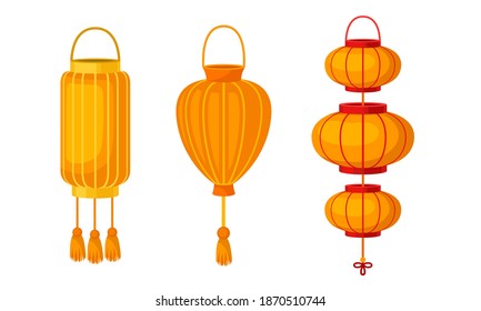 Chinese Lantern Made of Paper or Silk as Festive Luminaria Vector Set
