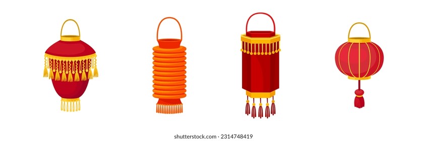 Chinese Lantern Made of Paper or Silk as Festive Luminaria Vector Set