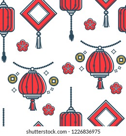 Chinese lantern made of papers, oriental style seamless pattern vector. Isolated icons of flowers in blossom and sparkles, Asian decoration and celebration of new year, party hanging decoration