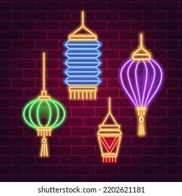 Chinese lantern neon sign festival and holiday design. Night bright sign vector illustration in neon style.