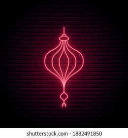 Chinese lantern neon sign. Glowing red decorative lantern for Chinese New Year celebration. Night signboard. Vector illustration in trendy neon style.