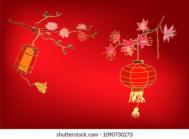 Chinese lantern with peach plant and cherry blossom vector.Gold chinese lantern on red background.