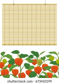 Chinese lantern plants and bamboo blind frame