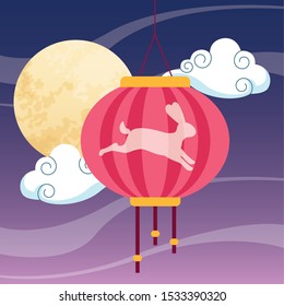chinese lantern with rabbit design over purple background, vector illustration