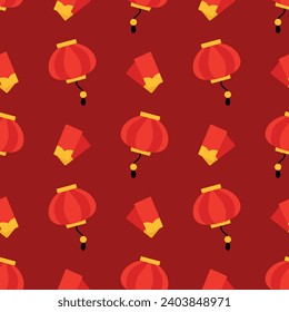 Linterna china y sobres rojos. Fondo de patrón vectorial sin inconvenientes 
