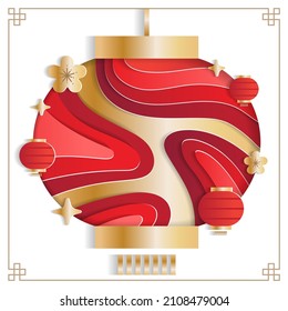 Chinese Lantern Red Gold Abstract Gold Paper Blissful Wealth Lucky Prosper Flower Red Lantern Lunar Festival Sparkle Shine Gradient Mountain 3D Layer Line Cutout Card Online Web Banner