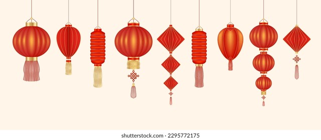 Chinese lantern red hanging decor or teng lang. Decorations for the Chinese New Year Festival chinatown traditional. Isolated on white background. Realistic 3d vector illustration