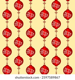 Chinese Lantern Seamless Pattern, Asian, Repeat Design, Traditional, Vintage, Flowers, Abstract, Motif, Geometric, Drawing, Red, Yellow, for textile, fabric, print, background, backdrop, curtain, rug