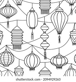 Chinese Lantern seamless pattern. Traditional paper craft sky lanterns outline vector Illustration.