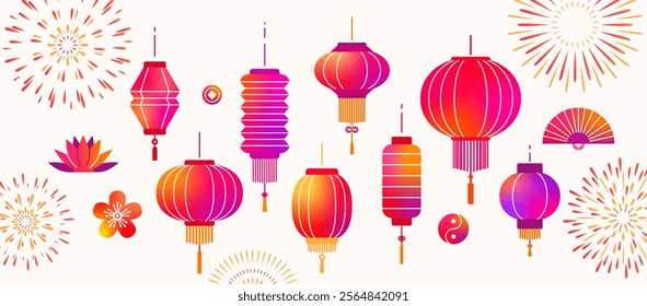 Chinese lantern set vector illustration. Lunar oriental elements, light lamp, flower, lotus, yin yang, fan, lucky coin, firework. Asia traditional decor in simple modern style. Gradient color design.